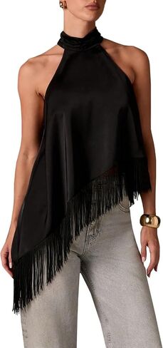 Womens Mock Neck Satin Tank Tops Sleeveless Backless Fringe Halter Top Y2k Silk Asymmetrical Tassel Camisole in Saudi Arabia