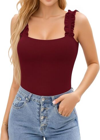 HERLOLLYCHIPS Sexy Tank Tops for Women Square Neck Ruffle Strap Ribbed Knit Tight Stretchy Sleeveless Shirts in Kuwait