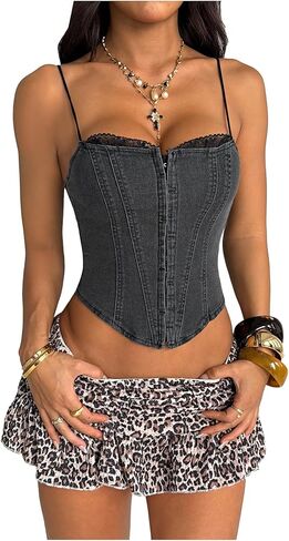 MakeMeChic Women's Y2K Denim Corset Spaghetti Strap Crop Top Contrast Lace Camisole Tops in Saudi Arabia