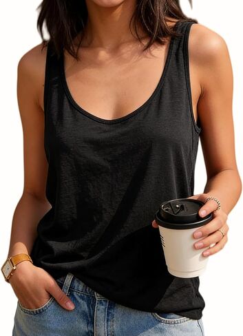 قميص نسائي كاجوال بدون أكمام من Prettywear برقبة واسعة بدون أكمام للربيع والصيف من خليط القطن والكتان in Kuwait