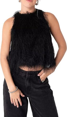 Women Faux Fur Tank Top Fuzzy Sleeveless Babydoll Crop Top Y2K Fluffy Knit Sweater Vest Going Out in Saudi Arabia
