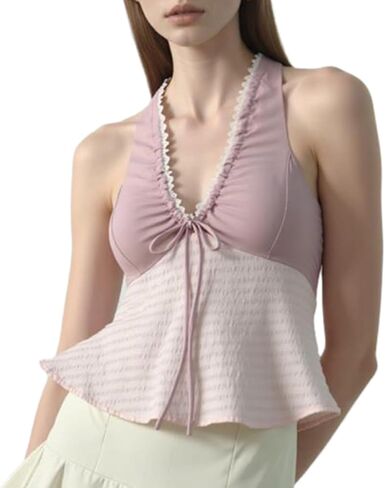 Women Y2K Solid Color Halter Neck Shirt V Neck Ruched Front Lace Trim Backless Crop Tank Top Cute Ruffle Hem Vest in Saudi Arabia