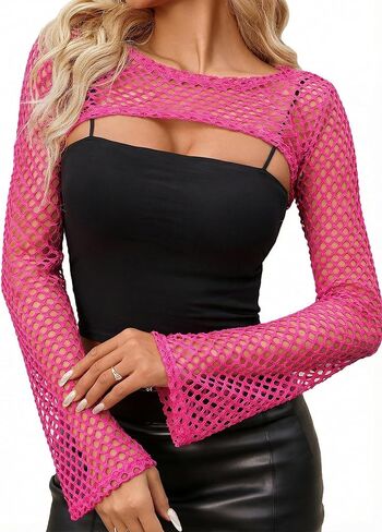 Avidlove Fishnet Crop Tops for Women Mesh Long Sleeve Top Bell Sleeves Y2k Tops Sexy Club Outfits XS-XXL in Saudi Arabia