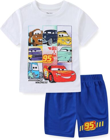 طقم تي شيرت بأكمام قصيرة للأولاد من Disney Cars Lightning McQueen ومجموعة قصيرة شبكية للأطفال الصغار والكبار in Saudi Arabia