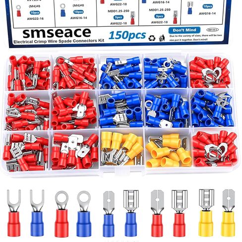 smseace 300 قطعة 22-10AWG موصلات تجعيد بأسمائها الحقيقية 2.8 مم / 4.8 مم / 6.3 مم مجموعة موصلات بأسمائها الحقيقية للذكور والإناث معزولة بأسلاك تجعيد بأسمائها الحقيقية / شوكة / حلقة تجعيد موصلات طرفية كهربائية in Kuwait