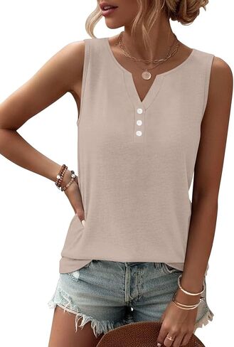 TICTICMIMI Tank Tops for Women Summer Sleeveless Loose Fit V Neck Buttons T Shirts Basic Tee Casual Clothes in Saudi Arabia