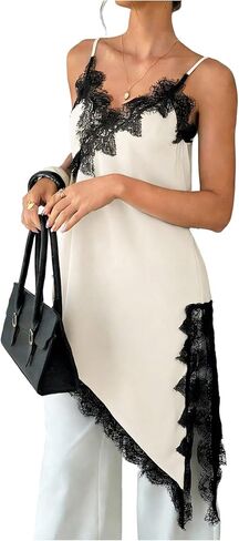 Verdusa قمصان دانتيل غير متماثلة للنساء، قميص قصير عصري برقبة على شكل حرف V من الساتان للخروج in Kuwait