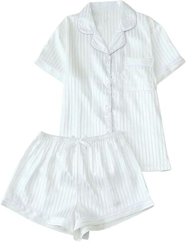 Women's 2 Piece Satin Pajama Set Striped Button Down Shirts and Pj Shorts Lounge Sets in Saudi Arabia