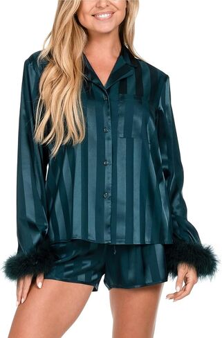 Argeousgor Women Christmas Feather Pajamas Set Xmas Long Sleeve Button Down Shirt and Shorts Satin Y2K Sleepwear in Saudi Arabia