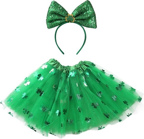 Wildarms Shamrock Green Tutu & Glitter Bow Headband Set - Party Costume, Dance Performance Cosplay Outfit in Kuwait