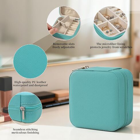 علبة مجوهرات سفر صغيرة باللون الأخضر المريمية مكونة من 24 قطعة - حافظة من جلد البولي يوريثان مقاس 3.9 بوصة مع مرآة، ومنظم حلق حلقي صغير، وهدية لوصيفة العروس ومجموعة كبيرة من هدايا الزفاف in Kuwait