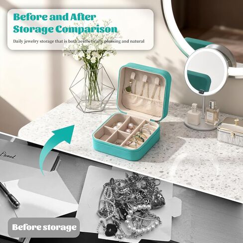 علبة مجوهرات سفر صغيرة باللون الأخضر المريمية مكونة من 24 قطعة - حافظة من جلد البولي يوريثان مقاس 3.9 بوصة مع مرآة، ومنظم حلق حلقي صغير، وهدية لوصيفة العروس ومجموعة كبيرة من هدايا الزفاف in Kuwait