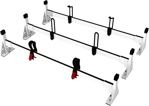 حامل سلم سقف لشاحنة البضائع لـ Ram ProMaster - هيكل فولاذي شديد التحمل مع 3 أشرطة متقاطعة - لمسة نهائية بيضاء متينة لتعزيز الاستقرار وقدرة التحميل in Kuwait