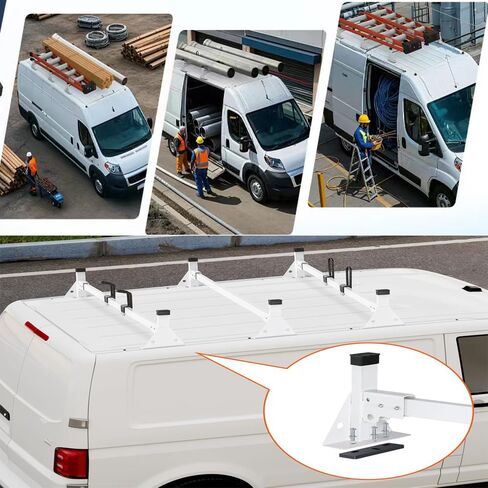حامل سلم سقف لشاحنة البضائع لـ Ram ProMaster - هيكل فولاذي شديد التحمل مع 3 أشرطة متقاطعة - لمسة نهائية بيضاء متينة لتعزيز الاستقرار وقدرة التحميل in Kuwait