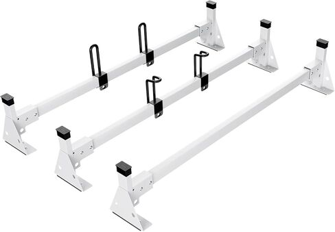 حامل سلم سقف لشاحنة البضائع لـ Ram ProMaster - هيكل فولاذي شديد التحمل مع 3 أشرطة متقاطعة - لمسة نهائية بيضاء متينة لتعزيز الاستقرار وقدرة التحميل in Kuwait