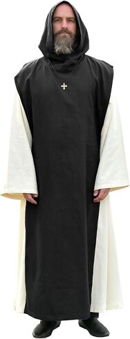 Battle-Merchant Medieval Monk Robe “Anselm" – 2-in-1 Habit with Hood & Scapular, Natural/Black, 100% Cotton in Kuwait