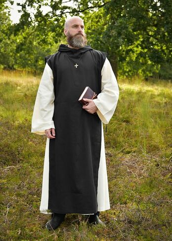 Battle-Merchant Medieval Monk Robe “Anselm" – 2-in-1 Habit with Hood & Scapular, Natural/Black, 100% Cotton in Kuwait