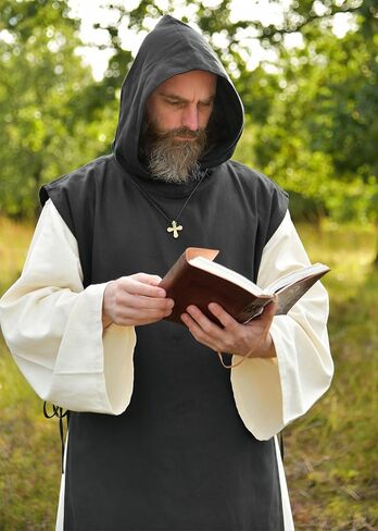 Battle-Merchant Medieval Monk Robe “Anselm" – 2-in-1 Habit with Hood & Scapular, Natural/Black, 100% Cotton in Kuwait