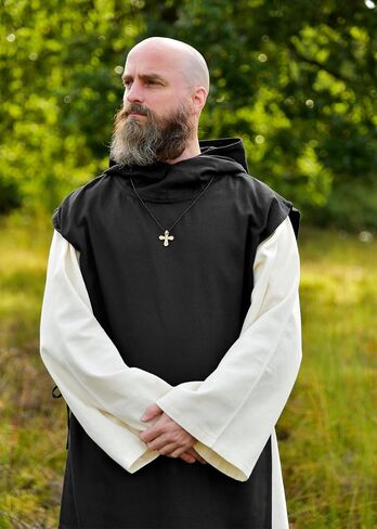 Battle-Merchant Medieval Monk Robe “Anselm" – 2-in-1 Habit with Hood & Scapular, Natural/Black, 100% Cotton in Kuwait