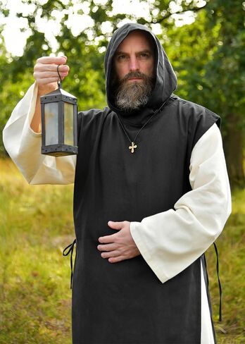 Battle-Merchant Medieval Monk Robe “Anselm" – 2-in-1 Habit with Hood & Scapular, Natural/Black, 100% Cotton in Kuwait