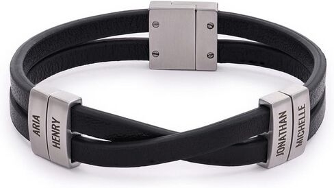 MYKA - Personalized Criss-Cross Men Leather Bracelet with Up to 4 Inscriptions - Stainless Steel - Dainty Gift for Him, Father, Boyfriend for Father's Day, Birthday in Kuwait