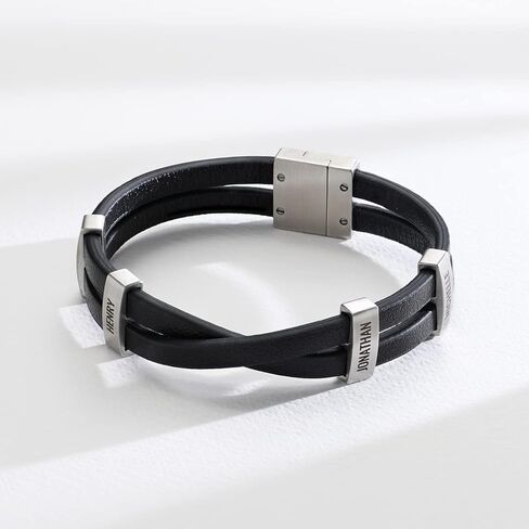 MYKA - Personalized Criss-Cross Men Leather Bracelet with Up to 4 Inscriptions - Stainless Steel - Dainty Gift for Him, Father, Boyfriend for Father's Day, Birthday in Kuwait