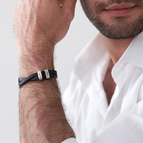 MYKA - Personalized Criss-Cross Men Leather Bracelet with Up to 4 Inscriptions - Stainless Steel - Dainty Gift for Him, Father, Boyfriend for Father's Day, Birthday in Kuwait