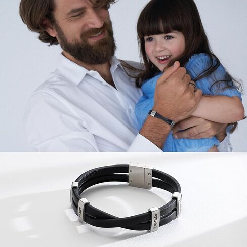 MYKA - Personalized Criss-Cross Men Leather Bracelet with Up to 4 Inscriptions - Stainless Steel - Dainty Gift for Him, Father, Boyfriend for Father's Day, Birthday in Kuwait