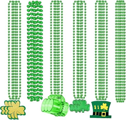 18 Pcs St. Patrick's Day Necklaces Shamrock Green Clover Beaded Pendant Bulk Saint Pattys Party Accessories Mardi Gras Decor Irish Costume Decorations(6 Style) in Kuwait