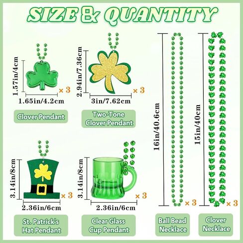 18 Pcs St. Patrick's Day Necklaces Shamrock Green Clover Beaded Pendant Bulk Saint Pattys Party Accessories Mardi Gras Decor Irish Costume Decorations(6 Style) in Kuwait
