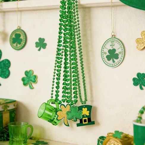 18 Pcs St. Patrick's Day Necklaces Shamrock Green Clover Beaded Pendant Bulk Saint Pattys Party Accessories Mardi Gras Decor Irish Costume Decorations(6 Style) in Kuwait