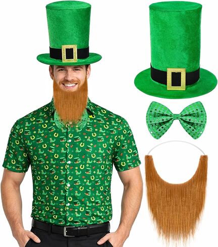 4 Pcs St. Patrick's Day Costume Irish Printed Button Down Shirts, Velvet Green Shamrock Hat and Bow Tie for Men in Saudi Arabia