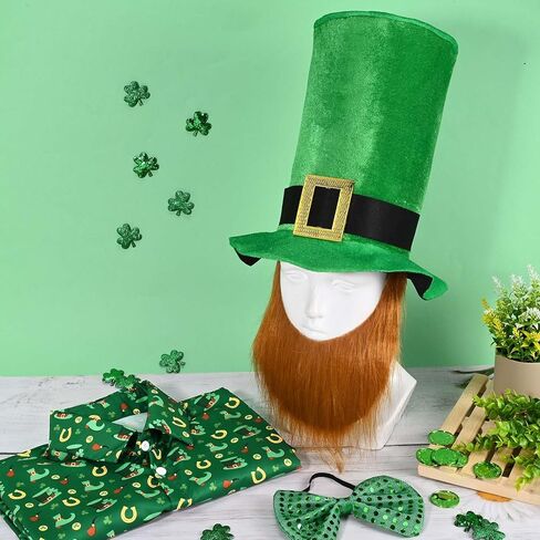 4 Pcs St. Patrick's Day Costume Irish Printed Button Down Shirts, Velvet Green Shamrock Hat and Bow Tie for Men in Saudi Arabia