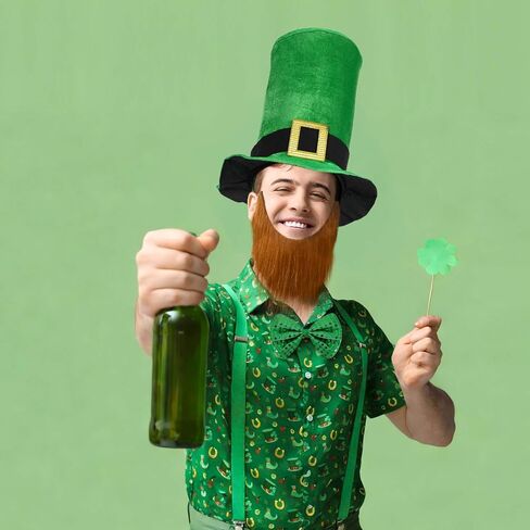 4 Pcs St. Patrick's Day Costume Irish Printed Button Down Shirts, Velvet Green Shamrock Hat and Bow Tie for Men in Saudi Arabia