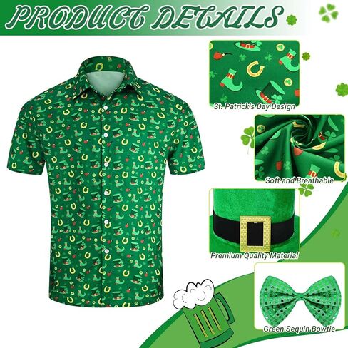 4 Pcs St. Patrick's Day Costume Irish Printed Button Down Shirts, Velvet Green Shamrock Hat and Bow Tie for Men in Saudi Arabia