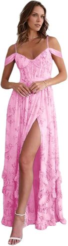 Off Shoulder Floral Bridesmaid Dress Long Ruffle with Slit Spaghetti Straps for Wedding Floral Prom Dress in Saudi Arabia