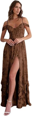 Off Shoulder Floral Bridesmaid Dress Long Ruffle with Slit Spaghetti Straps for Wedding Floral Prom Dress in Saudi Arabia