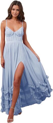 Off Shoulder Floral Bridesmaid Dress Long Ruffle with Slit Spaghetti Straps for Wedding Floral Prom Dress in Saudi Arabia