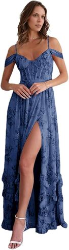 Off Shoulder Floral Bridesmaid Dress Long Ruffle with Slit Spaghetti Straps for Wedding Floral Prom Dress in Saudi Arabia