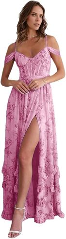 Off Shoulder Floral Bridesmaid Dress Long Ruffle with Slit Spaghetti Straps for Wedding Floral Prom Dress in Saudi Arabia