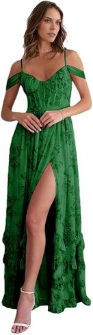 Off Shoulder Floral Bridesmaid Dress Long Ruffle with Slit Spaghetti Straps for Wedding Floral Prom Dress in Saudi Arabia