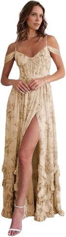 Off Shoulder Floral Bridesmaid Dress Long Ruffle with Slit Spaghetti Straps for Wedding Floral Prom Dress in Saudi Arabia