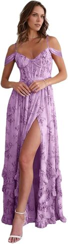 Off Shoulder Floral Bridesmaid Dress Long Ruffle with Slit Spaghetti Straps for Wedding Floral Prom Dress in Saudi Arabia