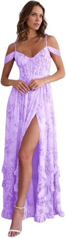 Off Shoulder Floral Bridesmaid Dress Long Ruffle with Slit Spaghetti Straps for Wedding Floral Prom Dress in Saudi Arabia