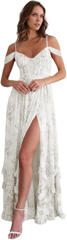 Off Shoulder Floral Bridesmaid Dress Long Ruffle with Slit Spaghetti Straps for Wedding Floral Prom Dress in Saudi Arabia