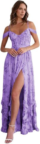 Off Shoulder Floral Bridesmaid Dress Long Ruffle with Slit Spaghetti Straps for Wedding Floral Prom Dress in Saudi Arabia