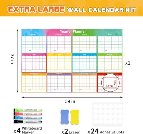 Large Wall Calendar Dry Erase 59x37 Inch,MoShining, 2026 Calendar,Yearly Planner 2026-2027 For Office Home Watercolor Wall Planner With Pen and Eraser Fold in Kuwait