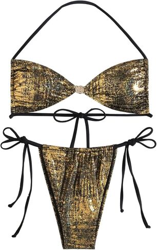SOLY HUX Women's Metallic Swimsuit Halter Tie Side String Bikini Set Summer Beach Two Piece Bathing Suit in Saudi Arabia