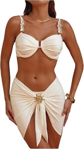 بدلة سباحة للسيدات من SweatyRocks مكونة من 3 قطع من ملابس السباحة Boho Spaghetti Strap Triangle بيكيني مع غطاء in Saudi Arabia