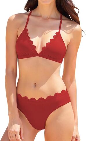 Bikini Sets for Women V Neck Scalloped Edge Bathing Suit Sexy Back Tie Strap Swimsuit for Beach and Pool in Kuwait